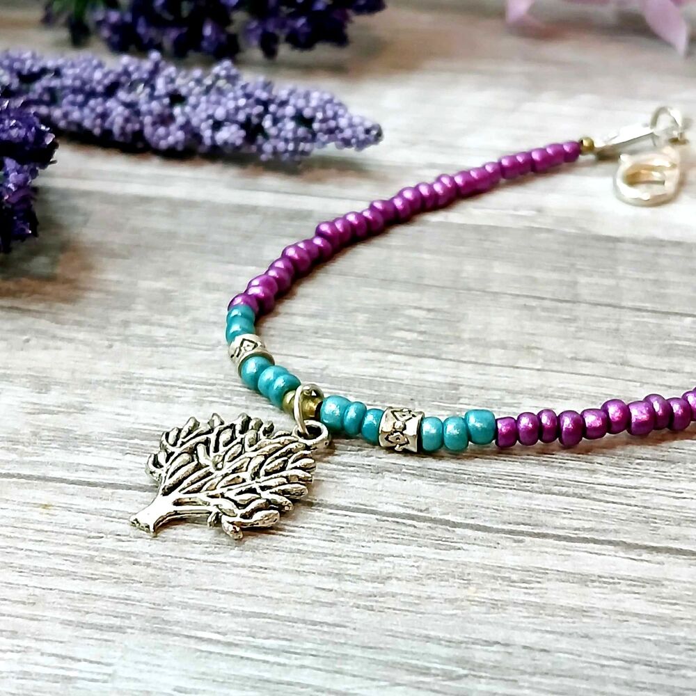 Dainty Minimalist Beaded Charm Bracelet, Seed Bead Tree Spring OOAK 7"